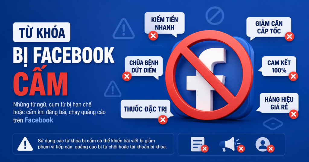 Tổng hợp các từ khoá bị cấm khi chạy quảng cáo Facebook cho người mới Tu Khoa Bi Facebook Cam 1024x538